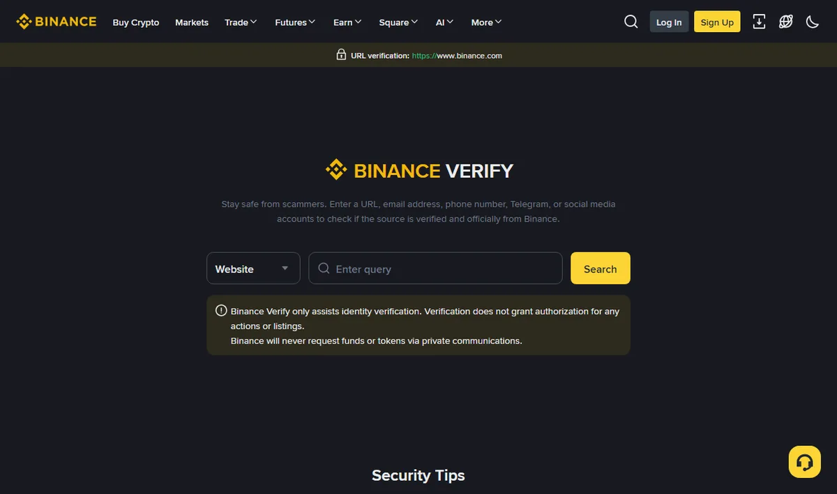 Знімок офіційної сторінки перевірки Binance: угорі смуга з перевіркою адреси, посередині поле пошуку, куди можна вставити сайт, пошту, телефон або обліковий запис у соцмережі та дізнатися, чи справді джерело належить Binance