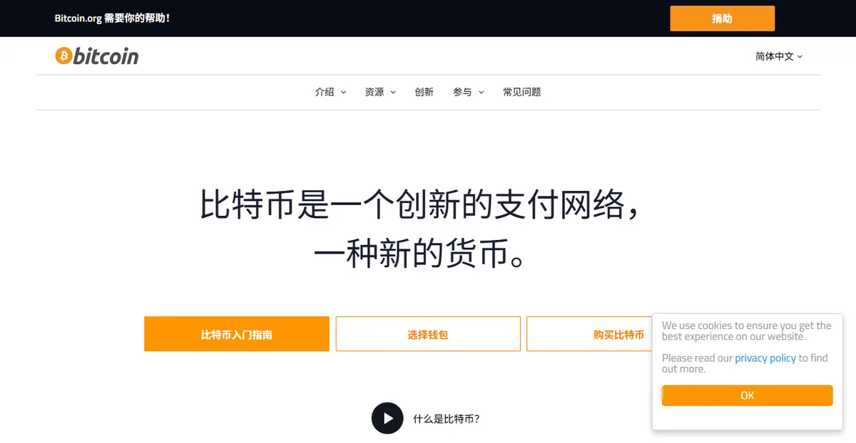 bitcoin.org 简体中文首页，标题写着比特币是一个创新的支付网络、一种新的货币，下面是入门指南、选择钱包、购买比特币三个按钮