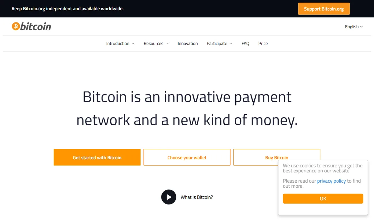The bitcoin.org home page, headed “Bitcoin is an innovative payment network and a new kind of money”, with buttons for getting started, choosing a wallet and buying bitcoin