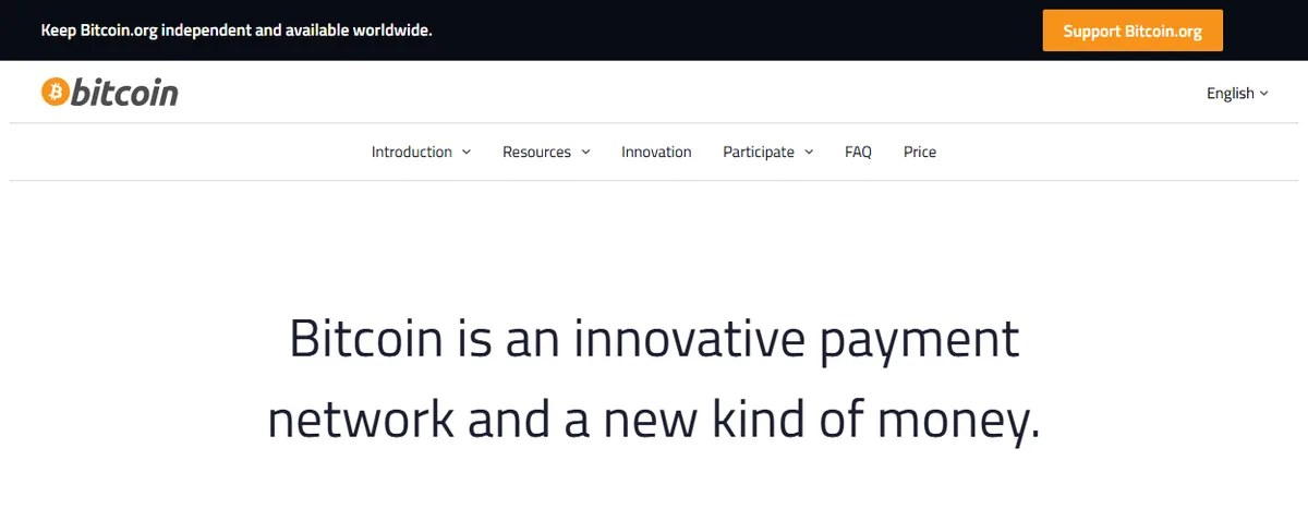 The top of the bitcoin.org home page, showing the site navigation and the headline “Bitcoin is an innovative payment network and a new kind of money”