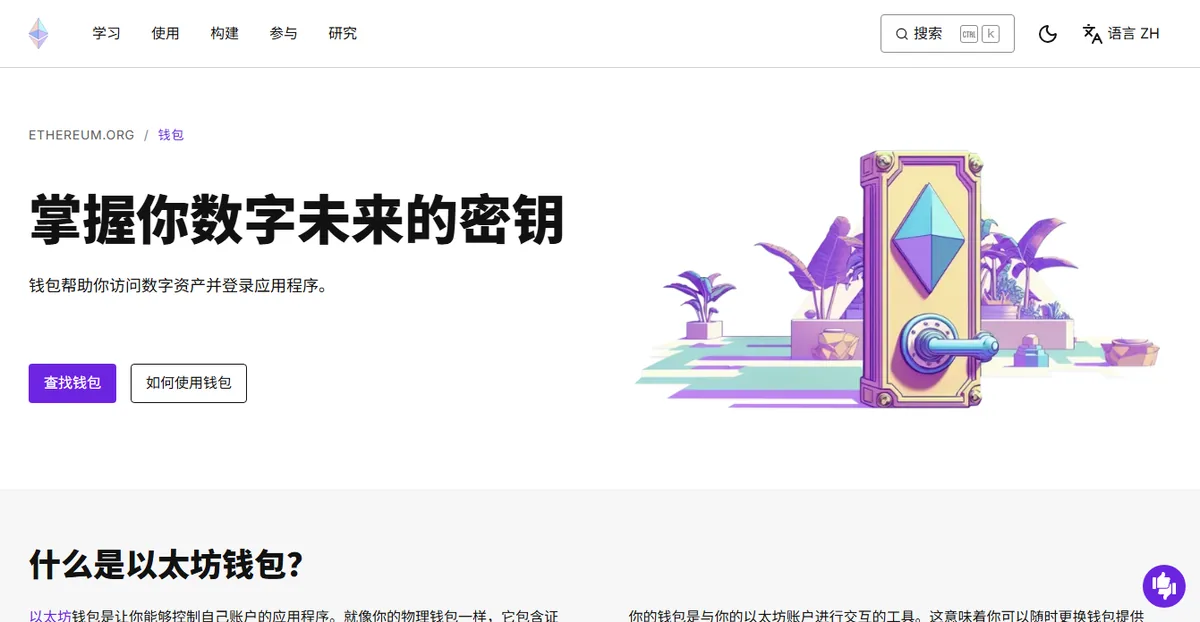 ethereum.org 的钱包页面（简体中文），标题写着掌握你数字未来的密钥，副标题说明钱包帮你访问数字资产并登录应用程序，下面是查找钱包和如何使用钱包两个按钮