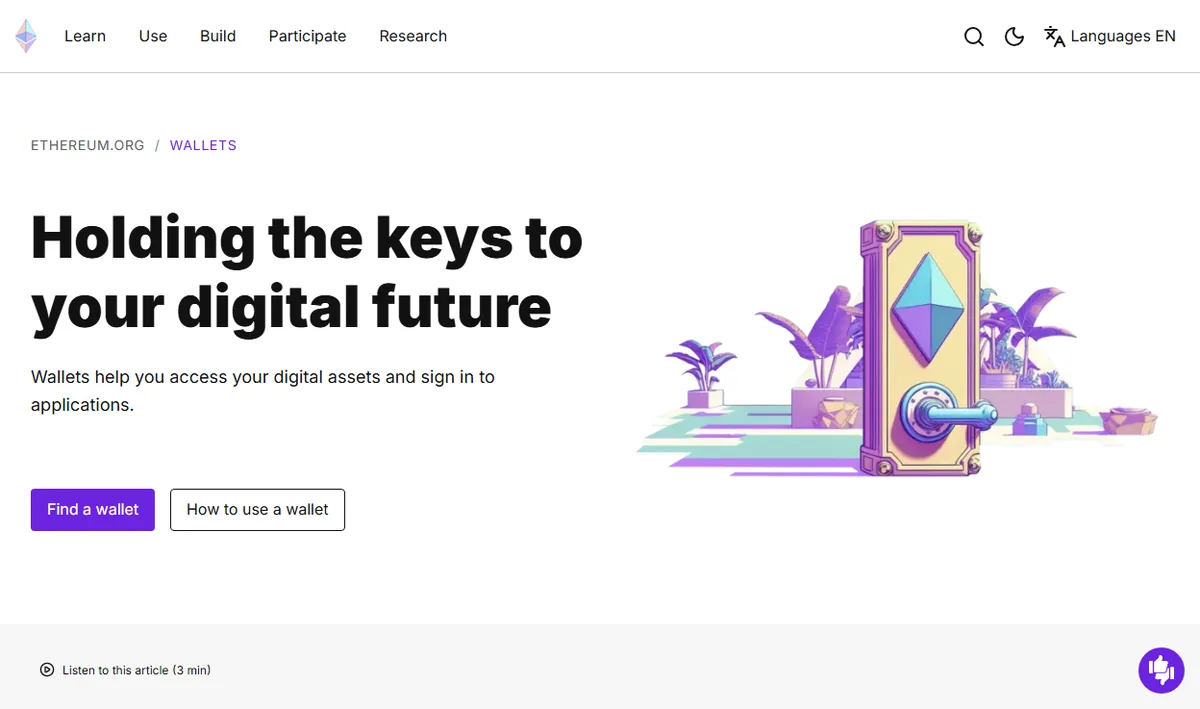 Сторінка гаманців на ethereum.org із заголовком про те, що гаманець тримає ключі до вашого цифрового майбутнього, поясненням, що гаманці дають доступ до активів і вхід у застосунки, та кнопками «знайти гаманець» і «як користуватися»